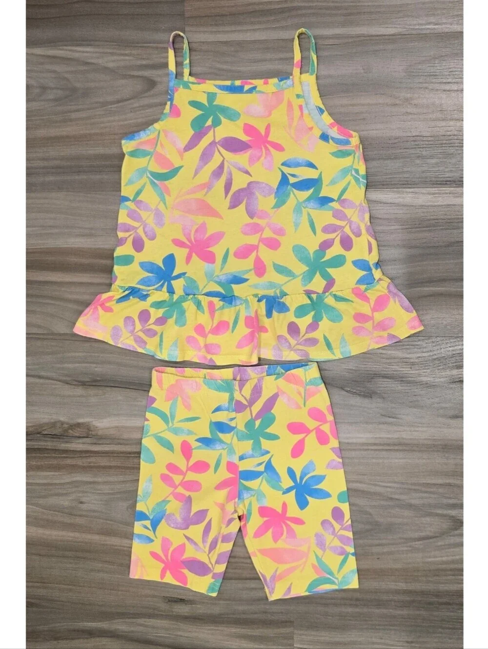 Carter’s Girls 2-Piece Yellow Tropical Leaf Print Set Size 6X Tank Top & Shorts